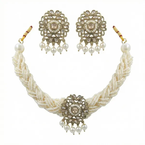 Gold_Tone_Beaded_Necklace_And_Earrings_Set_for_Women
