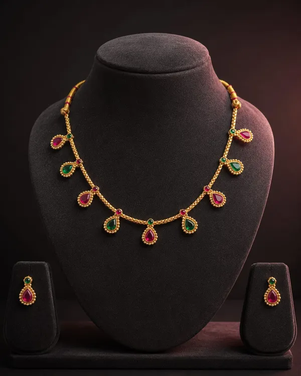 Gold_Tone_Green_And_Pink_Stone_Necklace_And_Earrings_Set_for_Women
