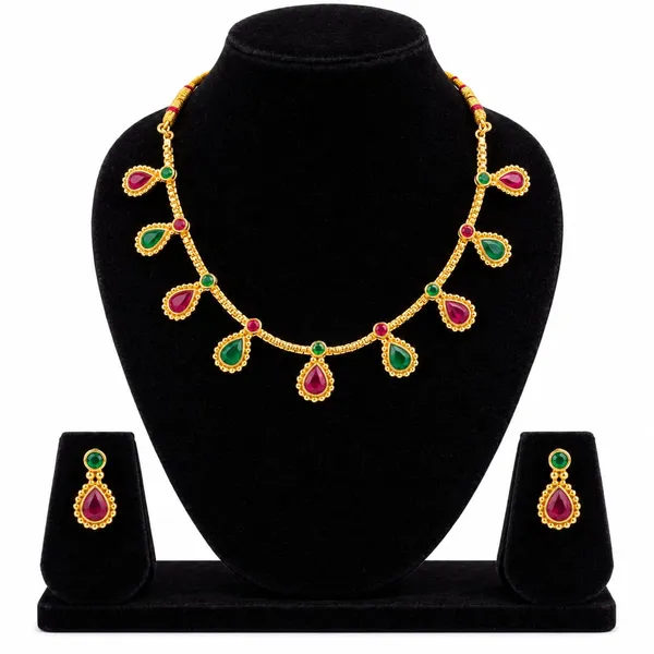 Gold_Tone_Green_And_Pink_Stone_Necklace_And_Earrings_Set_for_Women