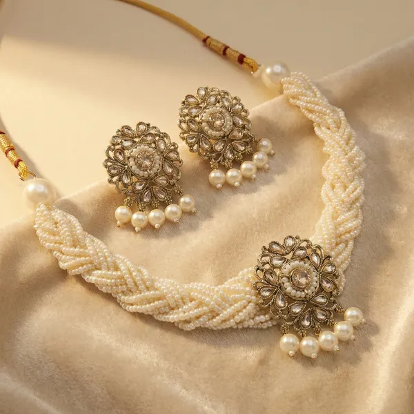 Gold_Tone_Beaded_Necklace_And_Earrings_Set_for_Women