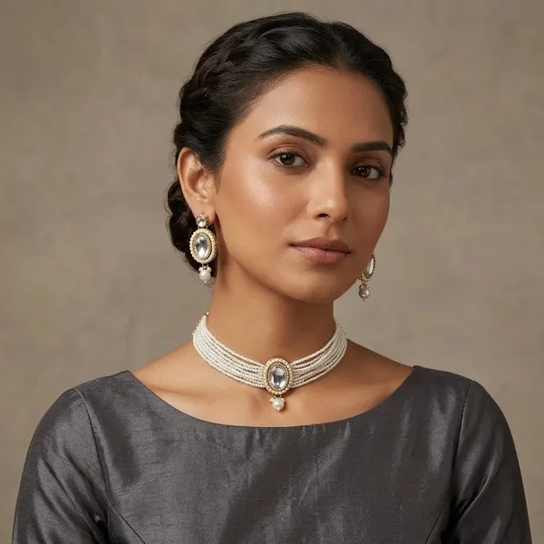 White_Pearl_Kundan_Choker_Necklace_Set_For_Women