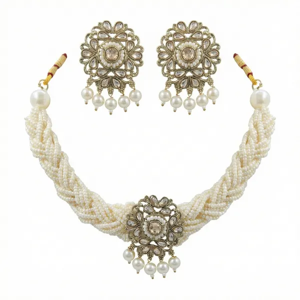 Gold_Tone_Beaded_Necklace_And_Earrings_Set_for_Women