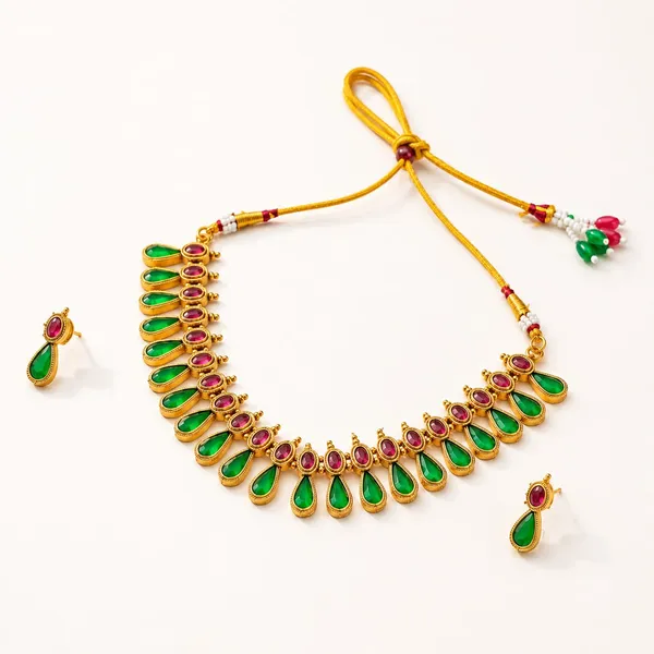 Gold_Tone_Green_And_Pink_Stone_Necklace_Set_For_Women