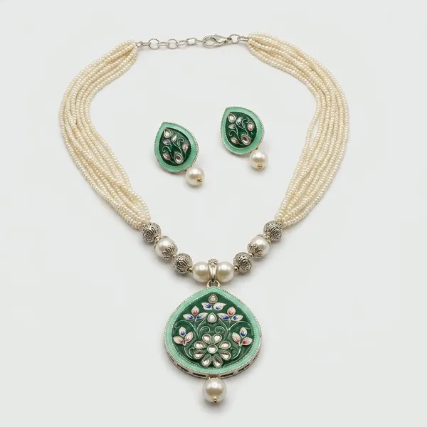 Green_Floral_Beaded_Necklace_Earrings_And_Ring_Set