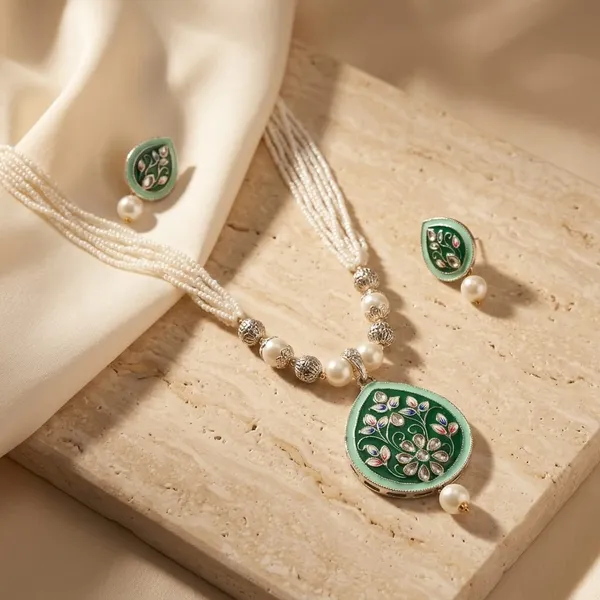 Green_Floral_Beaded_Necklace_Earrings_And_Ring_Set