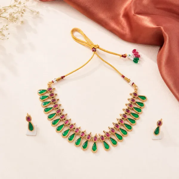 Gold_Tone_Green_And_Pink_Stone_Necklace_Set_For_Women