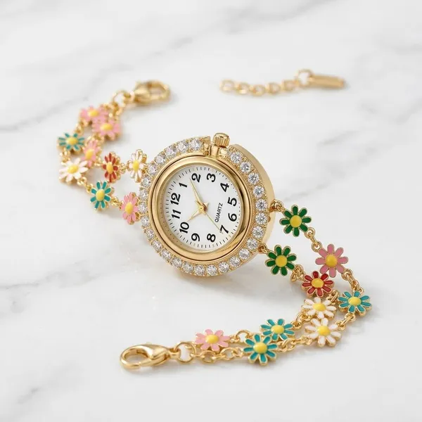 Gold_Tone_Floral_Bracelet_Watch_For_Women