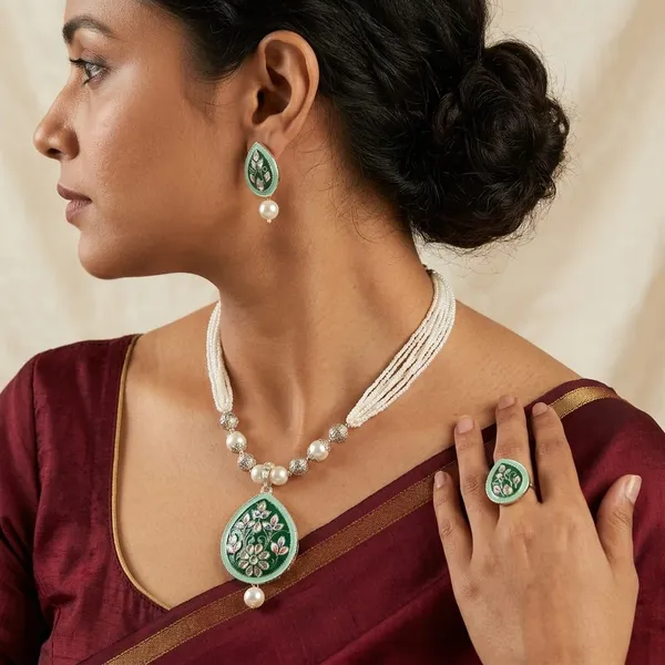 Green_Floral_Beaded_Necklace_Earrings_And_Ring_Set