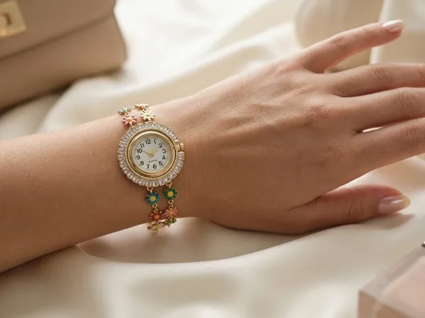 Gold_Tone_Floral_Bracelet_Watch_For_Women
