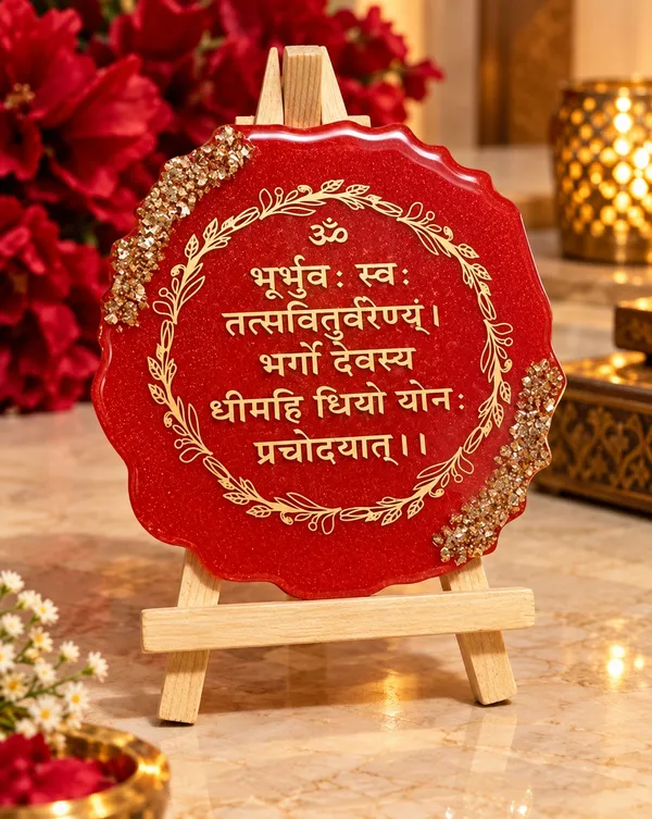 Handmade_Resin_Art_Gayatri_Mantra_Table_Decor_|_8_Inch_3D_Om_Spiritual_Decorative_Plate_with_Red_Glitter_Finish,_Golden_Embellishment_&_Wooden_Stand_|_Pooja_Room_&_Home_Temple_Decoration