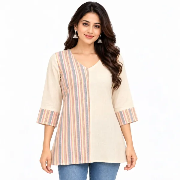 Off_White_Cotton_A-Line_Striped_Short_Kurti_For_Women