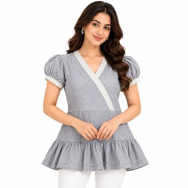Grey_Cotton_Peplum_Striped_Short_Kurti_For_Women