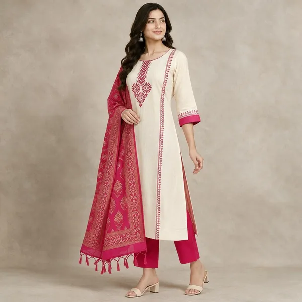 Cream_Pink_Synthetic_Straight_Printed_Kurta_Dupatta_Set_For_Women