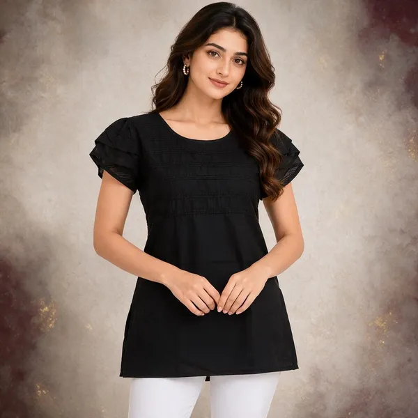Black_Synthetic_Relaxed_Fit_Ruffle_Sleeve_Short_Kurti_For_Women