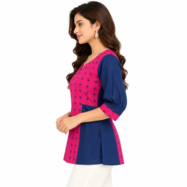 Pink_Blue_Cotton_A-Line_Geometric_Print_Short_Kurti_For_Women