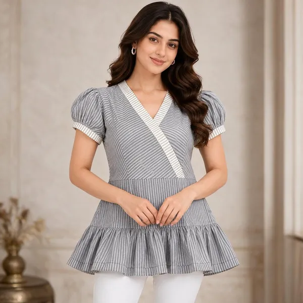 Grey_Cotton_Peplum_Striped_Short_Kurti_For_Women