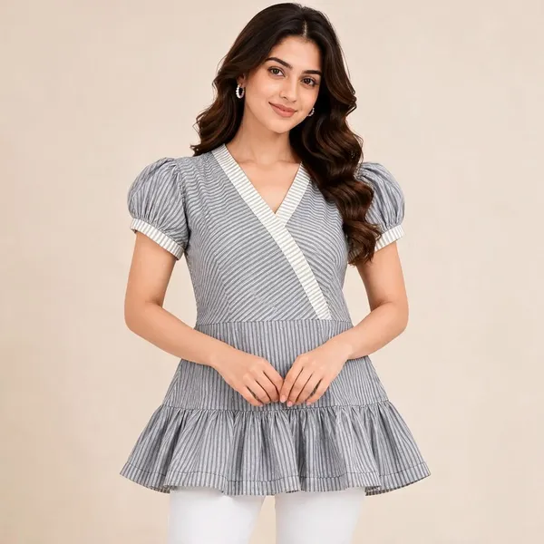 Grey_Cotton_Peplum_Striped_Short_Kurti_For_Women