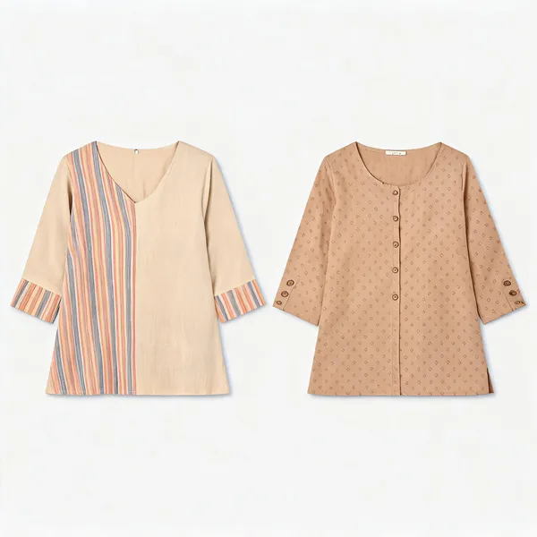 Off_White_And_Beige_Cotton_Short_Kurti_Duo_For_Women_Pack_Of_2