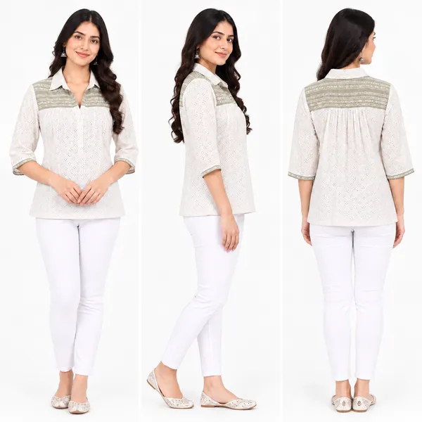White_Yellow_Cotton_Regular_Fit_Collared_Top_For_Women