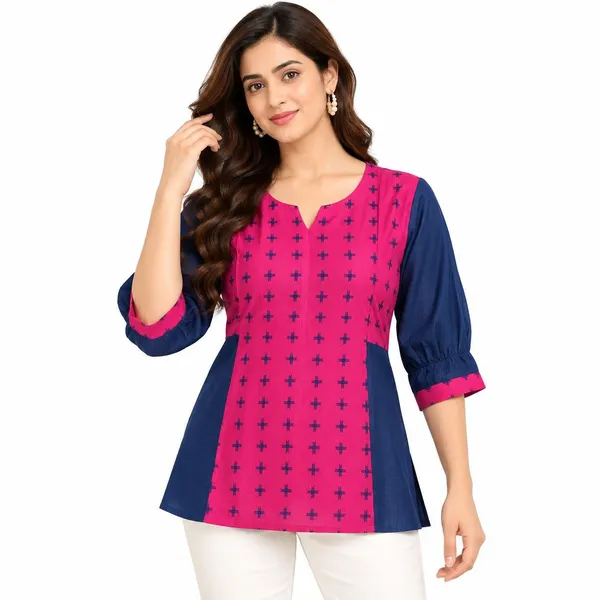 Pink_Blue_Cotton_A-Line_Geometric_Print_Short_Kurti_For_Women