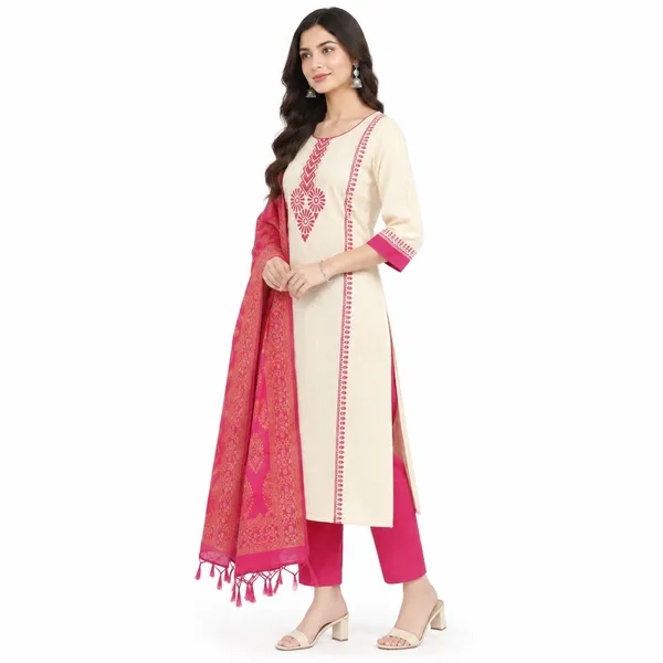 Cream_Pink_Synthetic_Straight_Printed_Kurta_Dupatta_Set_For_Women