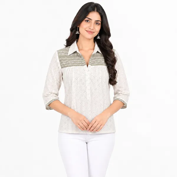 White_Yellow_Cotton_Regular_Fit_Collared_Top_For_Women