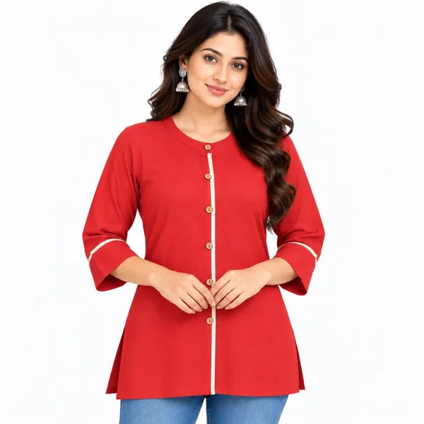 Red_Cotton_Straight_Solid_Short_Kurti_For_Women