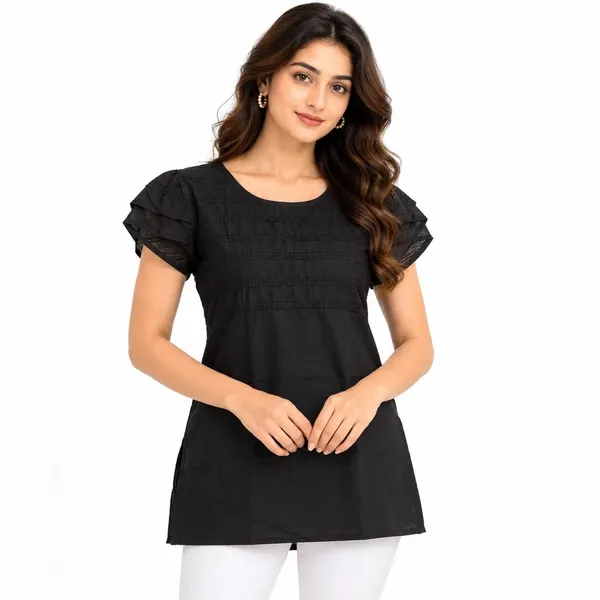 Black_Synthetic_Relaxed_Fit_Ruffle_Sleeve_Short_Kurti_For_Women