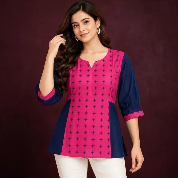Pink_Blue_Cotton_A-Line_Geometric_Print_Short_Kurti_For_Women