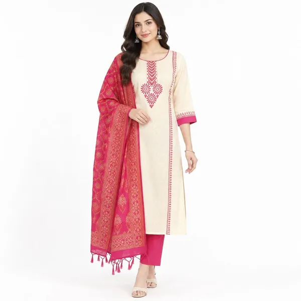 Cream_Pink_Synthetic_Straight_Printed_Kurta_Dupatta_Set_For_Women
