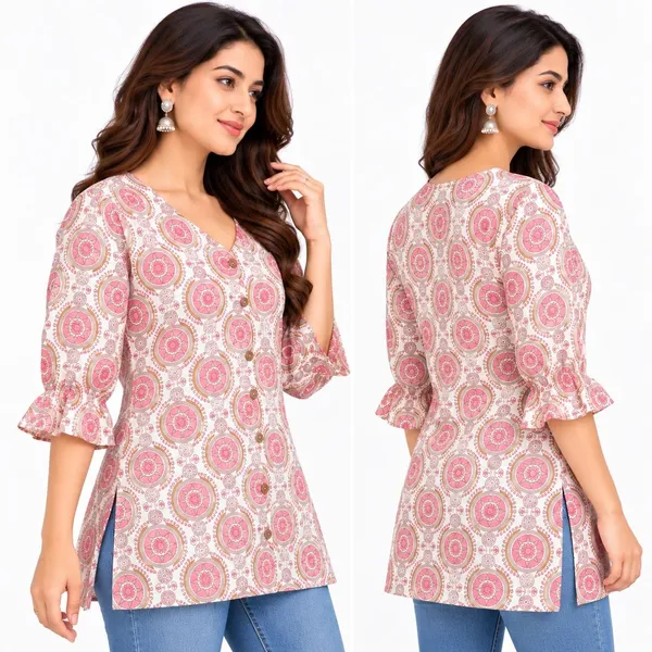 Pink_Cotton_A-Line_Printed_Short_Kurti_For_Women