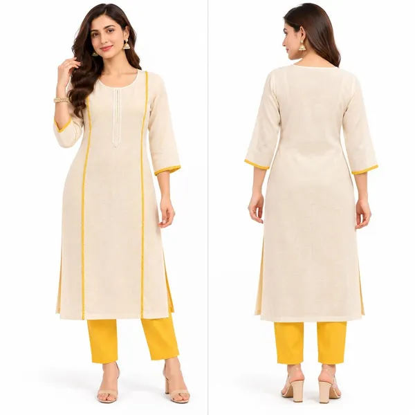 Cream_Yellow_Synthetic_Straight_Kurta_Set_For_Women