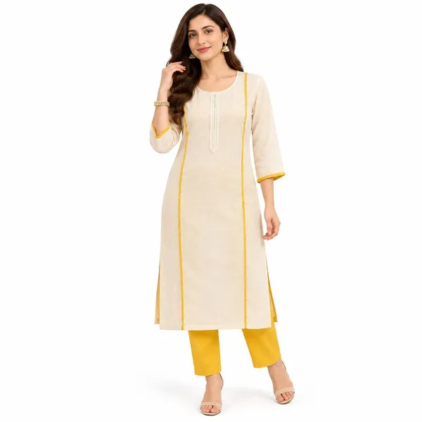 Cream_Yellow_Synthetic_Straight_Kurta_Set_For_Women