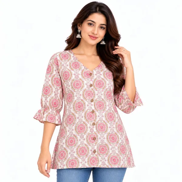 Pink_Cotton_A-Line_Printed_Short_Kurti_For_Women