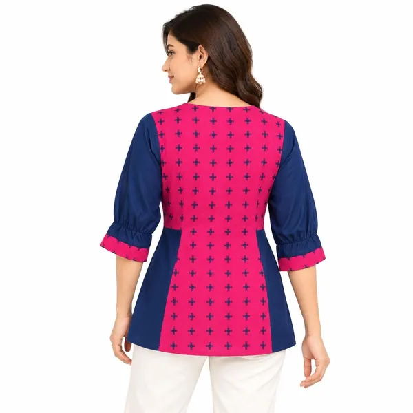 Pink_Blue_Cotton_A-Line_Geometric_Print_Short_Kurti_For_Women
