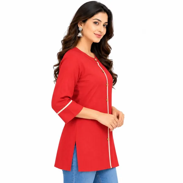 Red_Cotton_Straight_Solid_Short_Kurti_For_Women