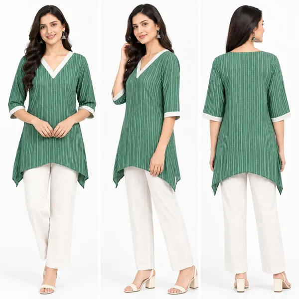Green_Cotton_Asymmetric_Striped_Short_Kurti_For_Women