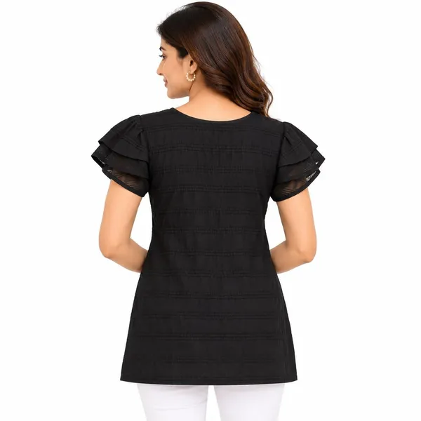 Black_Synthetic_Relaxed_Fit_Ruffle_Sleeve_Short_Kurti_For_Women