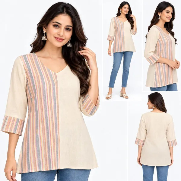 Off_White_Cotton_A-Line_Striped_Short_Kurti_For_Women
