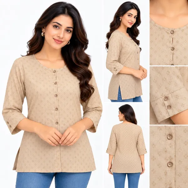 Beige_Cotton_Straight_Geometric_Print_Short_Kurti_For_Women