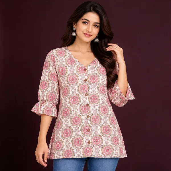 Pink_Cotton_A-Line_Printed_Short_Kurti_For_Women