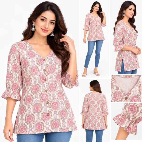 Pink_Cotton_A-Line_Printed_Short_Kurti_For_Women