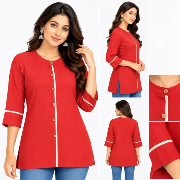 Red_Cotton_Straight_Solid_Short_Kurti_For_Women