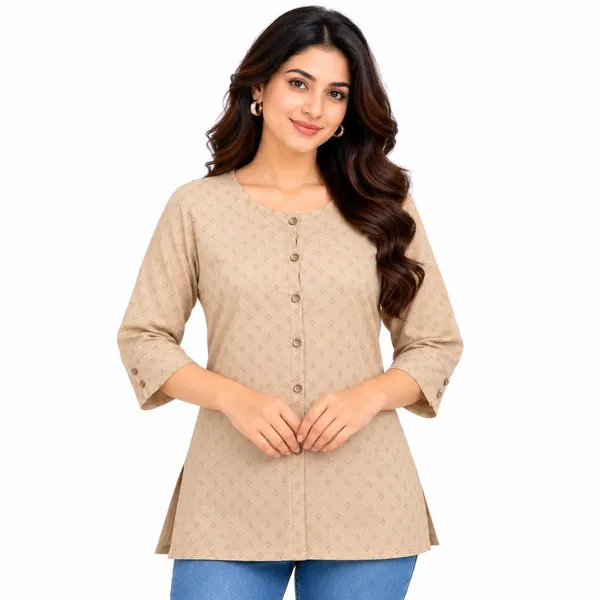 Beige_Cotton_Straight_Geometric_Print_Short_Kurti_For_Women