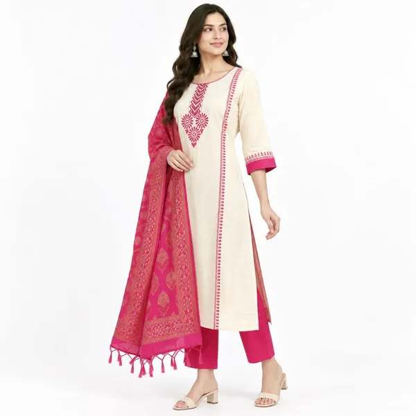 Cream_Pink_Synthetic_Straight_Printed_Kurta_Dupatta_Set_For_Women