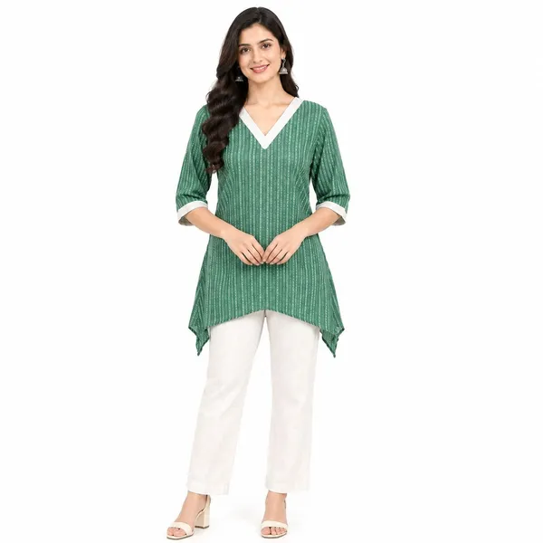 Green_Cotton_Asymmetric_Striped_Short_Kurti_For_Women