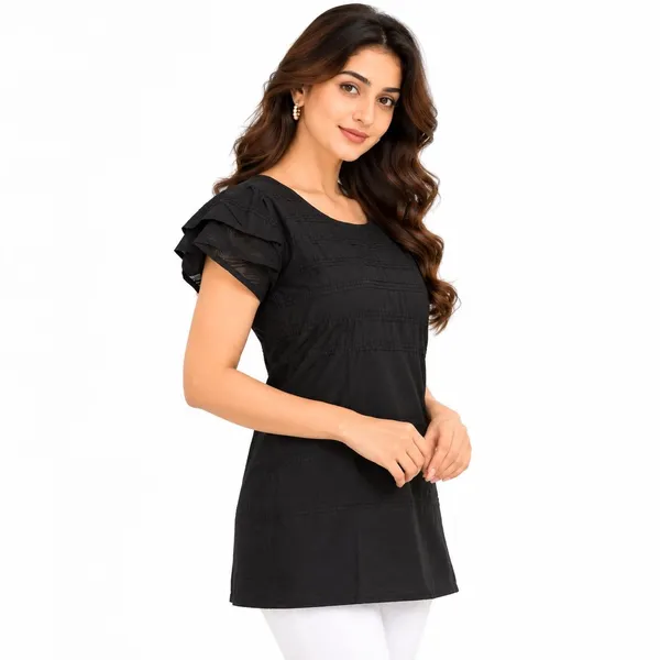 Black_Synthetic_Relaxed_Fit_Ruffle_Sleeve_Short_Kurti_For_Women