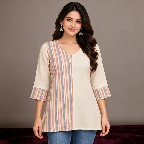 Off_White_Cotton_A-Line_Striped_Short_Kurti_For_Women