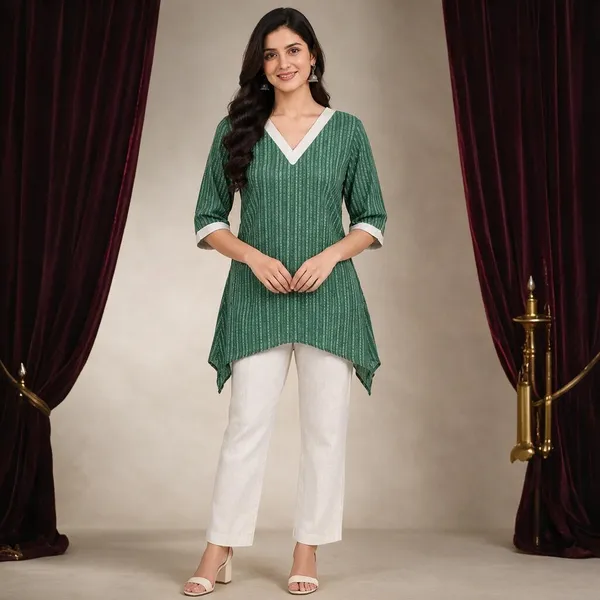 Green_Cotton_Asymmetric_Striped_Short_Kurti_For_Women