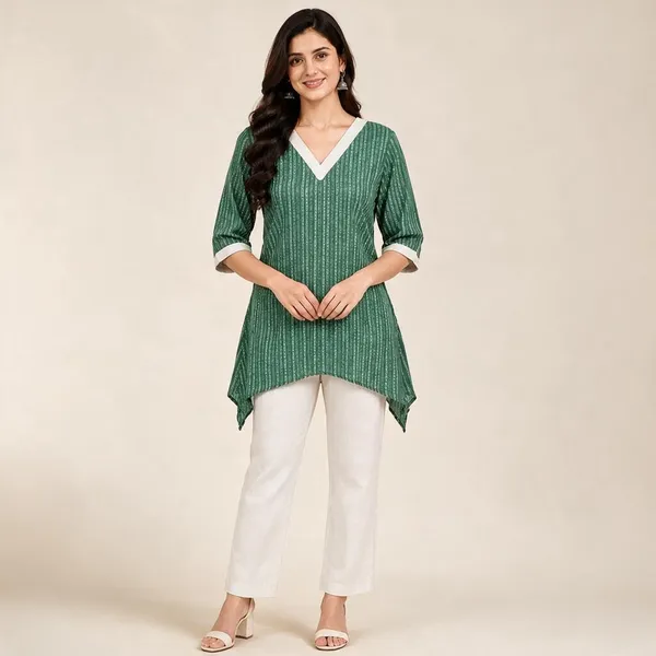 Green_Cotton_Asymmetric_Striped_Short_Kurti_For_Women
